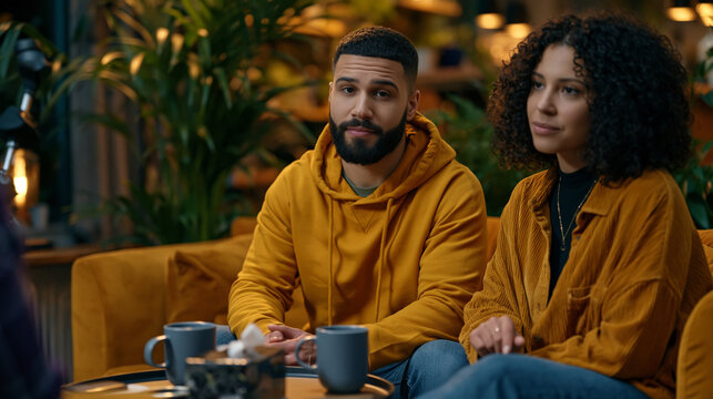 A couple sits across from each other in a warm therapy office, a tissue box and two untouched mugs between them, eye contact tentative but present, ideal for couples therapy, emotional healing, and 