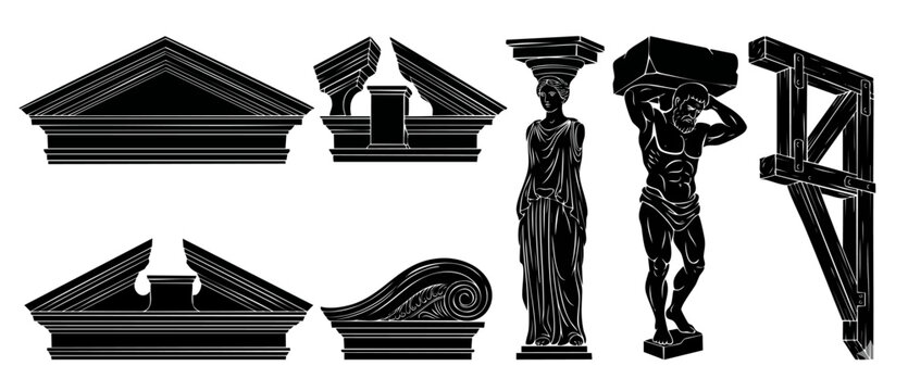 Ancient Greek Architectural Elements Set, Pediments and Classical Columns Sculpture Collection, Caryatid and Atlas Statues, Decorative Building Ornaments, Black and White Vector Illustration Icon Set