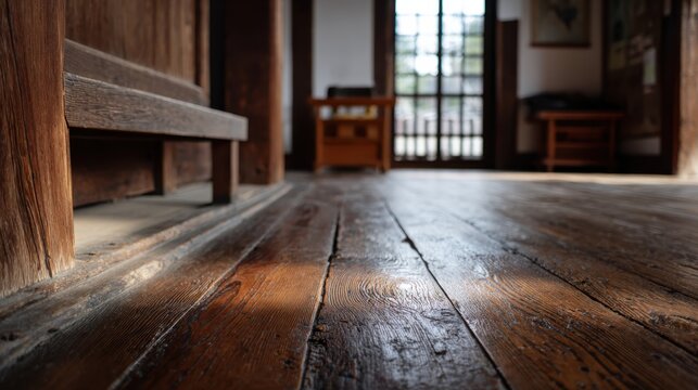 Wooden floor interior of traditional Japanese house with low bench, sunlight streaming through windows, and wooden furniture visible in the background