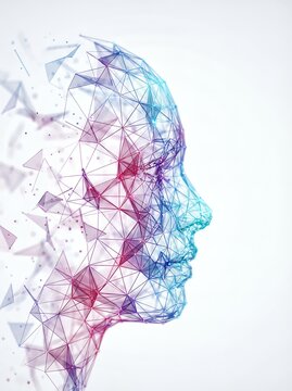 Colorful geometric representation of a human face in digital polygons, suggesting technology and innovation.