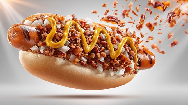 Exploding hot dog with tasty ingredients