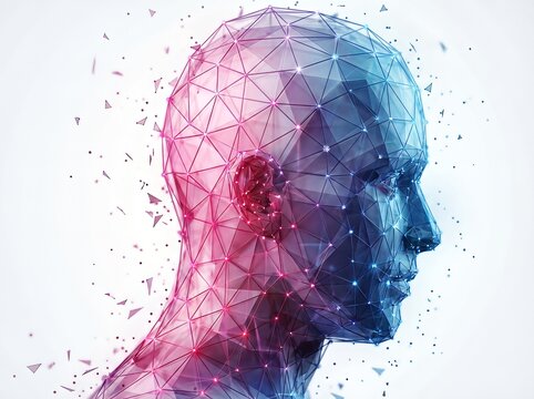 Polygonal futuristic human head profile, digital wireframe with vibrant colors.