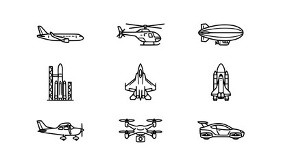 Transportation line art icons airplane helicopter rocket vector set © MD