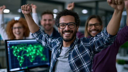 Naklejka premium A multicultural group of engineers in mission control monitors glowing orbital trajectory screens during a night launch, tense focus visible across every face, fluorescent light casting blue hues on