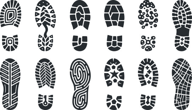 Detailed collection of diverse shoe tread patterns featuring various geometric and organic sole designs for sports footwear and casual boots presented as a professional vector illustration set on tran
