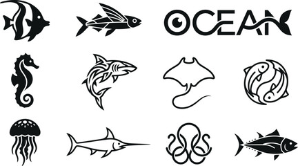 Set of diverse marine life icons featuring stylized sharks sea horses jellyfish and tropical fish silhouettes combined with creative typography elements presented as a professional collection on trans © designNex