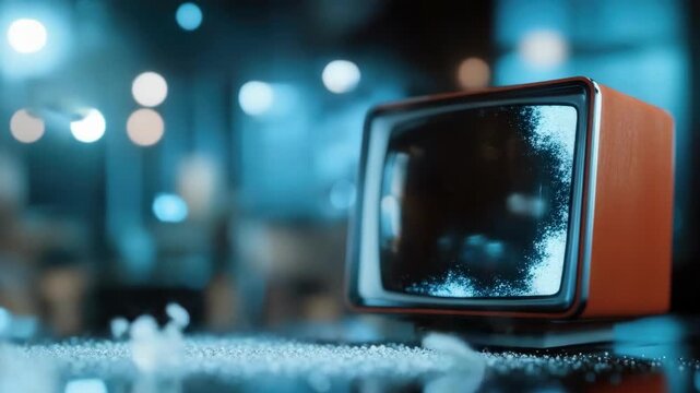 Retro tv exploding into digital particles in futuristic setting
