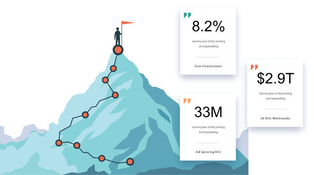 Business success infographic with man on mountain peak and data statistics