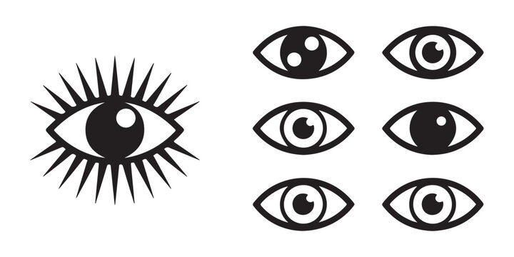 Diverse selection of simple eye icons featuring various iris and pupil designs for modern web interface.
