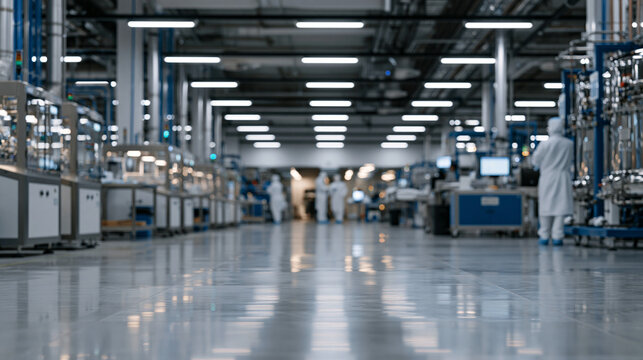 Wide industrial establishing view of monoclonal antibody biomanufacturing facility showing rows of cell culture incubators, downstream processing chromatography skids, and
