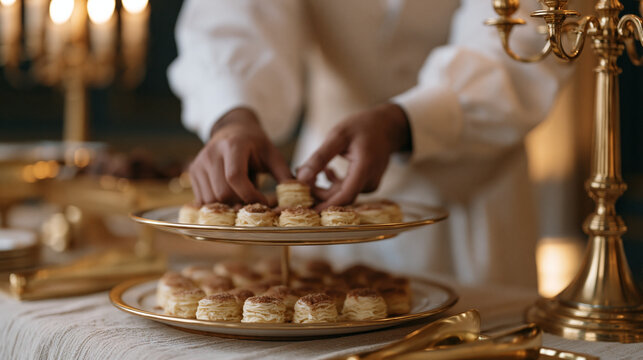 An event caterer arranges a tiered stand of miniature Eid celebration sweets in a ballroom venue, elegant uplighting casting warmth across the linen-covered buffet table, gilded