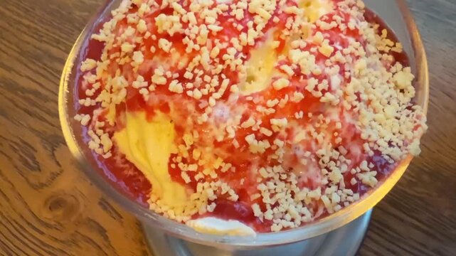 Eating popular german spaghetti ice cream close up