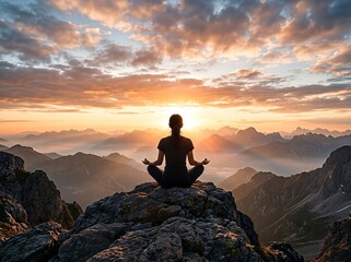 Obraz premium A woman practices meditation on a mountain at sunrise, with a peaceful sky and landscape.