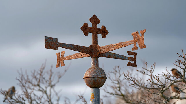 Single object detail of a rusted weathervane silhouetted against a cold grey March sky, a few early birds perched on nearby bare branches, the subtle visual tension between winter