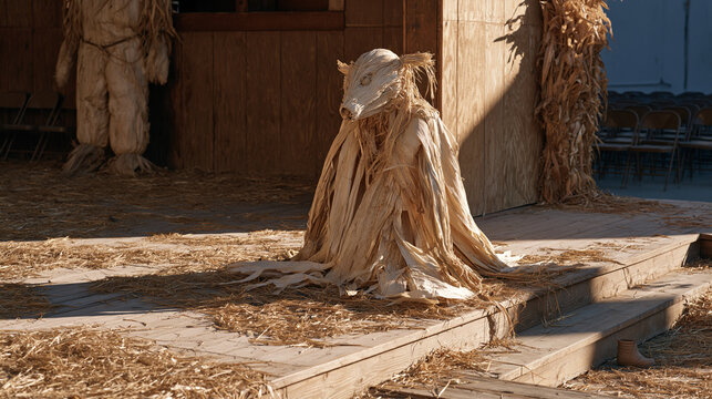 Aftermath moment after an autumn harvest festival, scattered straw across a wooden stage, a half-deflated corn husk effigy drooping in the corner, folding chairs still in rows, a