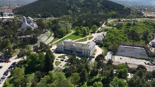 Niksic, Montenegro. Drone Shot of King Nikola Castle and Orthodox Temple of of St. Vasilije of Ostrog, City Landmarks on Sunny Day