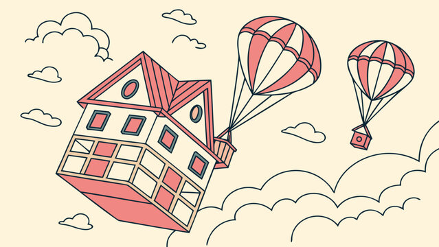 House flying in sky with parachutes relocation concept vector illustration