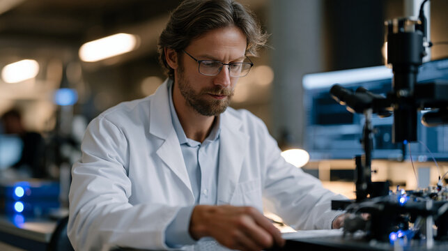 Optogenetics neuroscience researcher adjusting fiber optic light delivery apparatus positioned above rodent behavioral testing chamber, blue laser equipment and neural recording