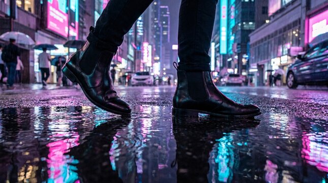 Sleek black leather Chelsea boots walking on rain-slicked neon-lit asphalt in a cyberpunk metropolis, dynamic low angle street captures.
