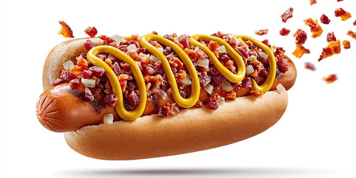 Loaded hot dog with crispy bacon relish topping