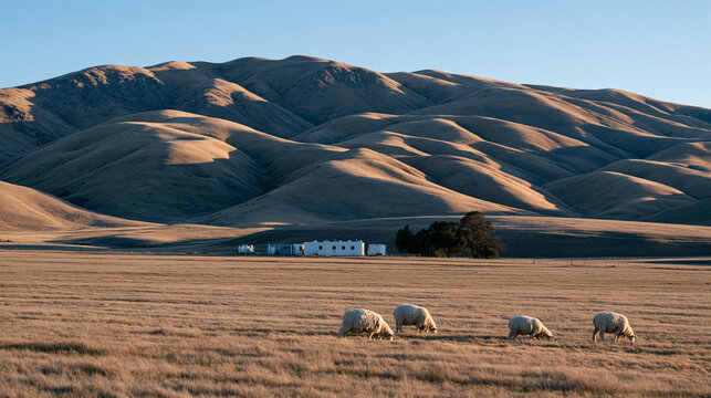 Wide quiet rural landscape view of agricultural biosafety research station where zoonotic disease surveillance team collects samples from livestock population, mobile laboratory