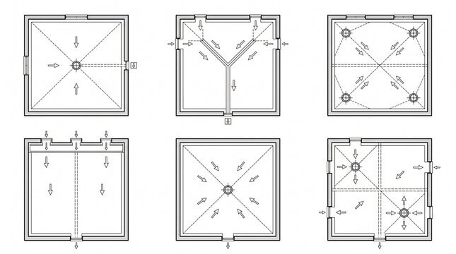 Six Roof Drainage and Rainwater System Layouts &ndash; Flat Roof Scuppers, Internal Drains, Gutters &ndash; 2&times;3 Grid