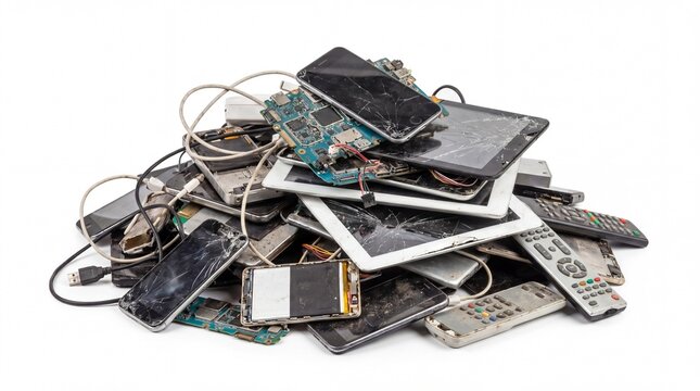 Pile of broken electronic devices and damaged mobile phones scattered together on white background