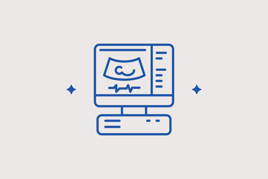 Ultrasound monitor line icon for prenatal care and internal organ diagnostics. Detailed vector illustration for gynecology clinics and medical sonography educational materials.