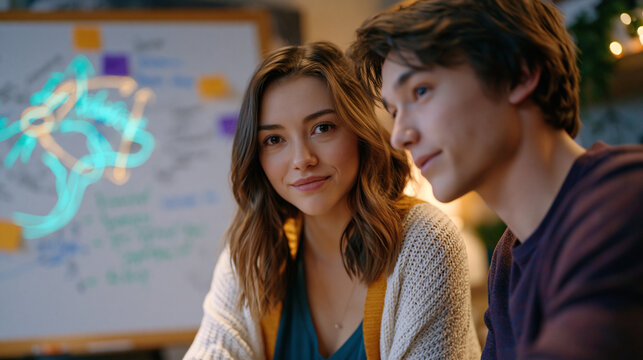 A therapist sketches a relationship map on a whiteboard while a couple leans forward studying the diagram, afternoon light warming the session room walls, perfect for couples therapy, communication 
