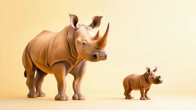 Adult and baby rhinoceros standing together on light yellow background. Mother's Day, Mothering Sunday, Dia de la Madre - Global Maternal Celebration, Worldwide Family Holiday