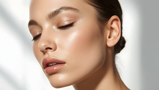 Radiant Skin in the Soft Glow: A close-up shot of a woman with radiant skin, eyes closed, enjoying a moment of serene relaxation. The natural light gently illuminates her features.