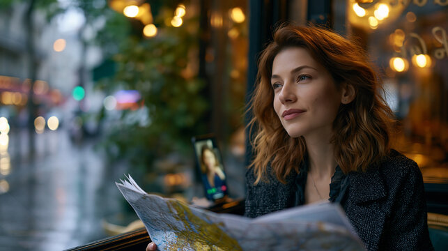 A woman reads a printed map on a rainy European street corner, a video call glowing on her phone propped against a cafe window, perfect for long distance relationships, travel loneliness, and contem