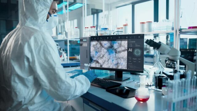  Masked Medical Researcher Analyzes AI Pathology Microscopy on a Workstation in a Sterile Biotech Lab, Mapping Neural-like Tissue Signals to Accelerate Precision Therapeutics. Over-shoulder 