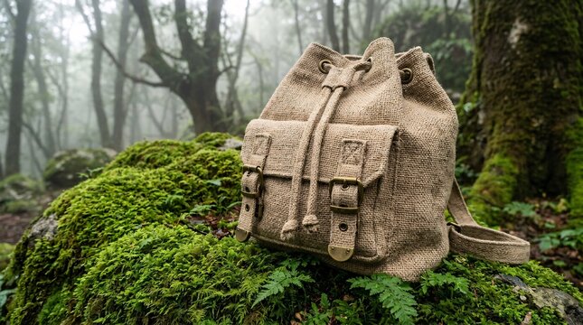 Sustainable woven hemp drawstring backpack featuring heavy brass hardware sitting on a vibrant green mossy rock deep in a misty forest.