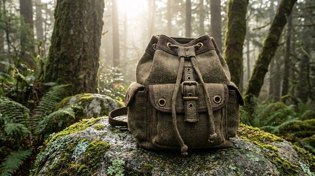 Sustainable woven hemp drawstring backpack featuring heavy brass hardware sitting on a vibrant green mossy rock deep in a misty forest.