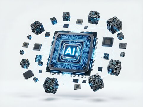 AI chip surrounded by futuristic microchips and circuits, signifies advanced technology.