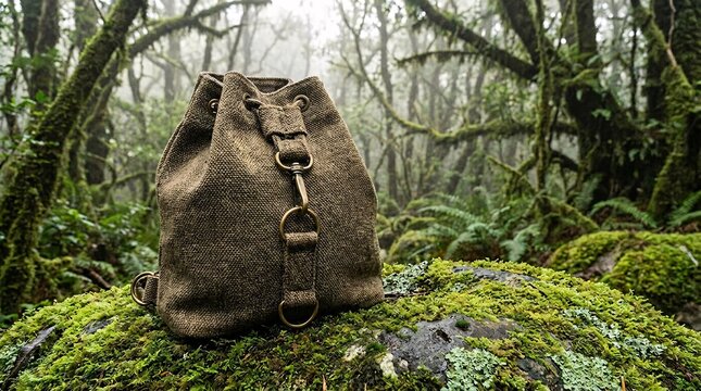 Sustainable woven hemp drawstring backpack featuring heavy brass hardware sitting on a vibrant green mossy rock deep in a misty forest.