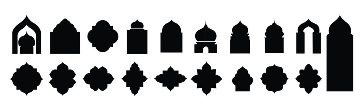 Traditional islamic window shapes in oriental style. Black silhouette eid mubarak decorative arches, mosque borders or moroccan gates. Ramadan kareem mosque labels
