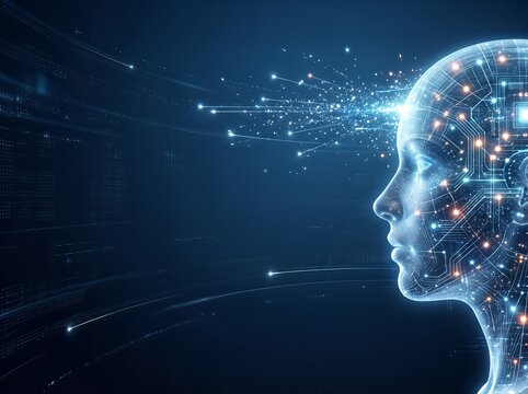 Profile of a digital human head in profile with glowing circuits and data lights against a dark blue background.
