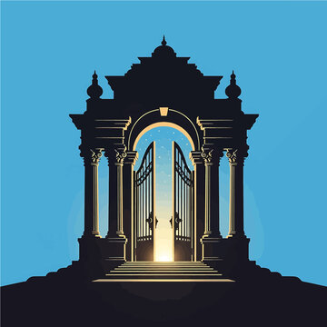 Temple Gate Archway with Open Doors and Sunrise