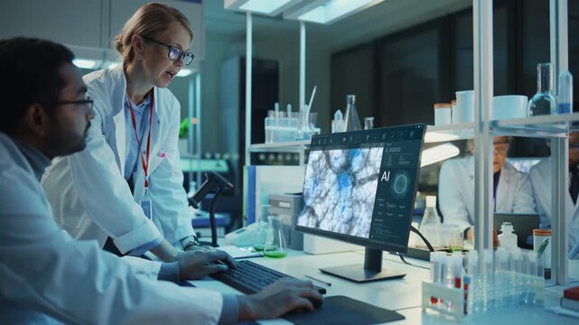 Female Scientist and Indian Microbiologist Review AI Medical Infographics on Computer Screen in a Laboratory. Screen SHow Cellular Imaging, Disease Research and Precision Therapy. Medium  arc Shot.