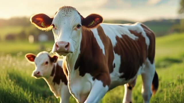 Mother cow and calf in sunny pasture with lush green grass. Mother's Day, Mothering Sunday, Dia de la Madre - Global Maternal Celebration, Worldwide Family Holiday