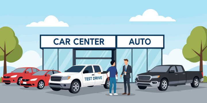 Modern Auto Dealership Exterior with Car Test Drive in a Bright Suburban Setting Illustration