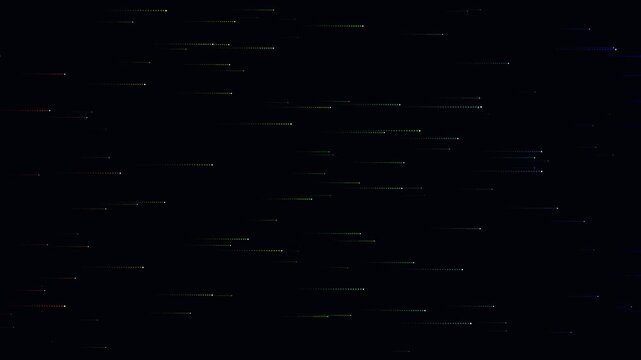 Seamless loop of neon gradient particles and lines on dark background. Futuristic 4K data stream.