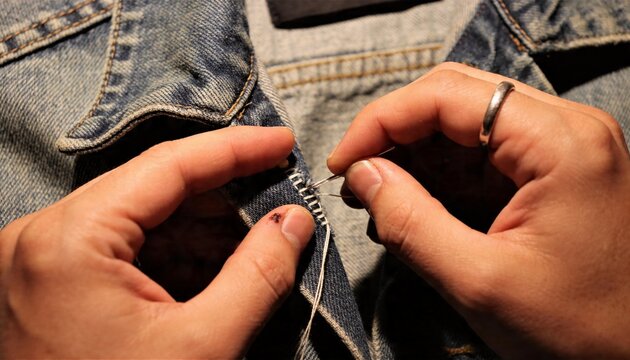 Mending adult hands stitching blue denim jacket seam on lap, with needle and white thread