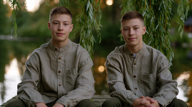 Twin brothers in matching linen shirts sit opposite each other on a quiet rural dock at summer solstice golden hour, fishing lines disappearing into still mirror-flat water below drooping willows, p