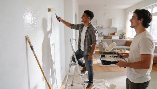 Painting two men wearing workwear, rolling white paint on living room wall with ladder and rollers