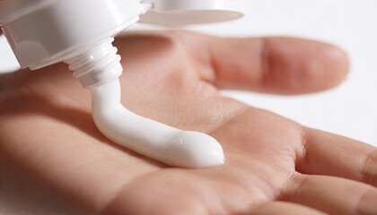 Naklejka premium Dispensing white lotion from squeeze tube onto open palm at bathroom vanity, showing flip-top cap