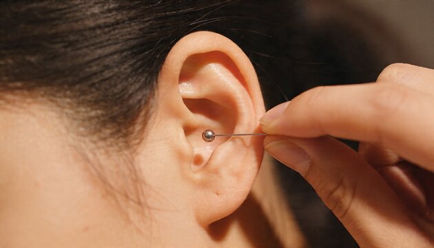 Assistant hand holding and inserting long metal pin into right outer ear in treatment room, closeup