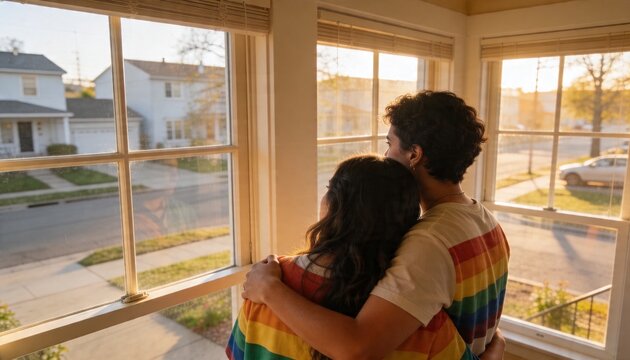 Embracing romantic couple standing at bay window at home, with wooden blinds, rainbow T-shirts